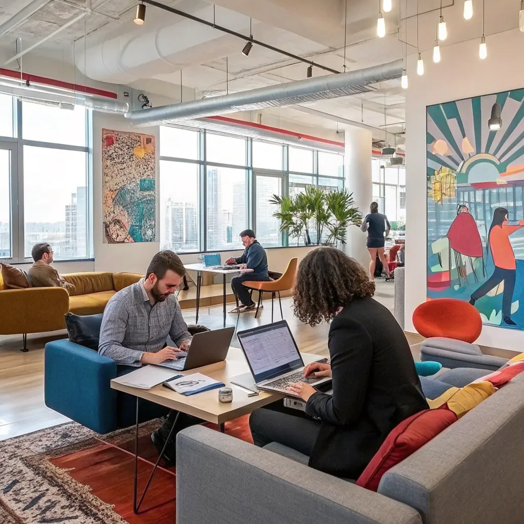Modern coworking space interior with professionals collaborating